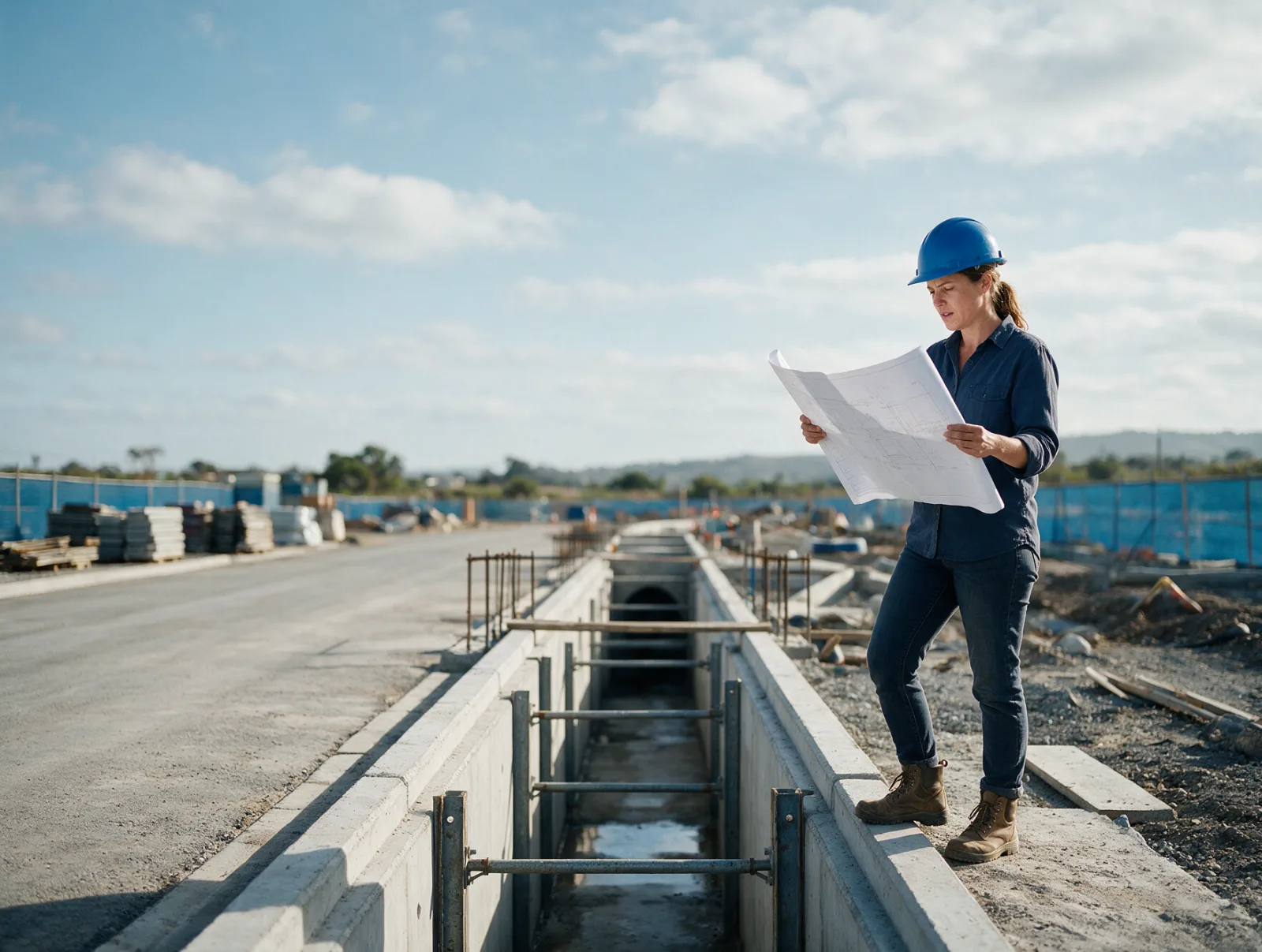 Engenheira de capacete azul lê prancha ao lado de canal de drenagem de concreto em construção