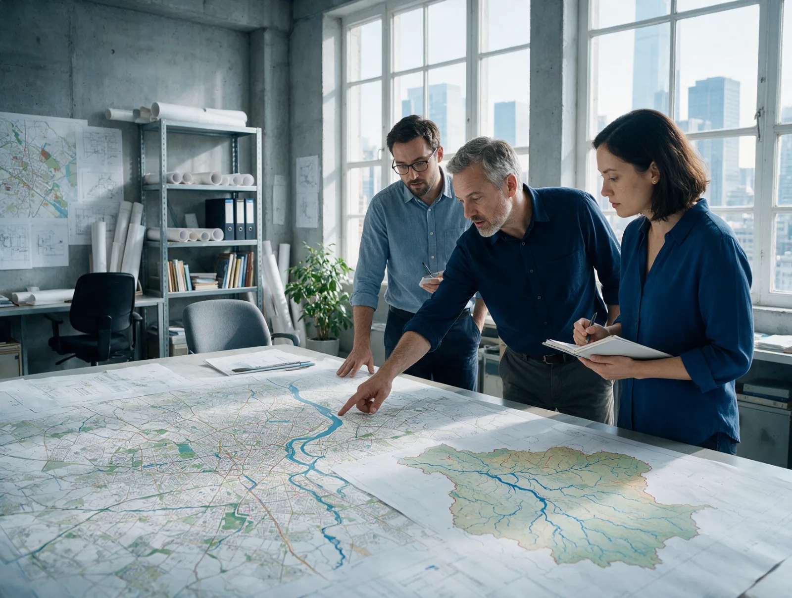 Três profissionais de planejamento analisam mapa da cidade e mapa de bacia hidrográfica sobre mesa em escritório