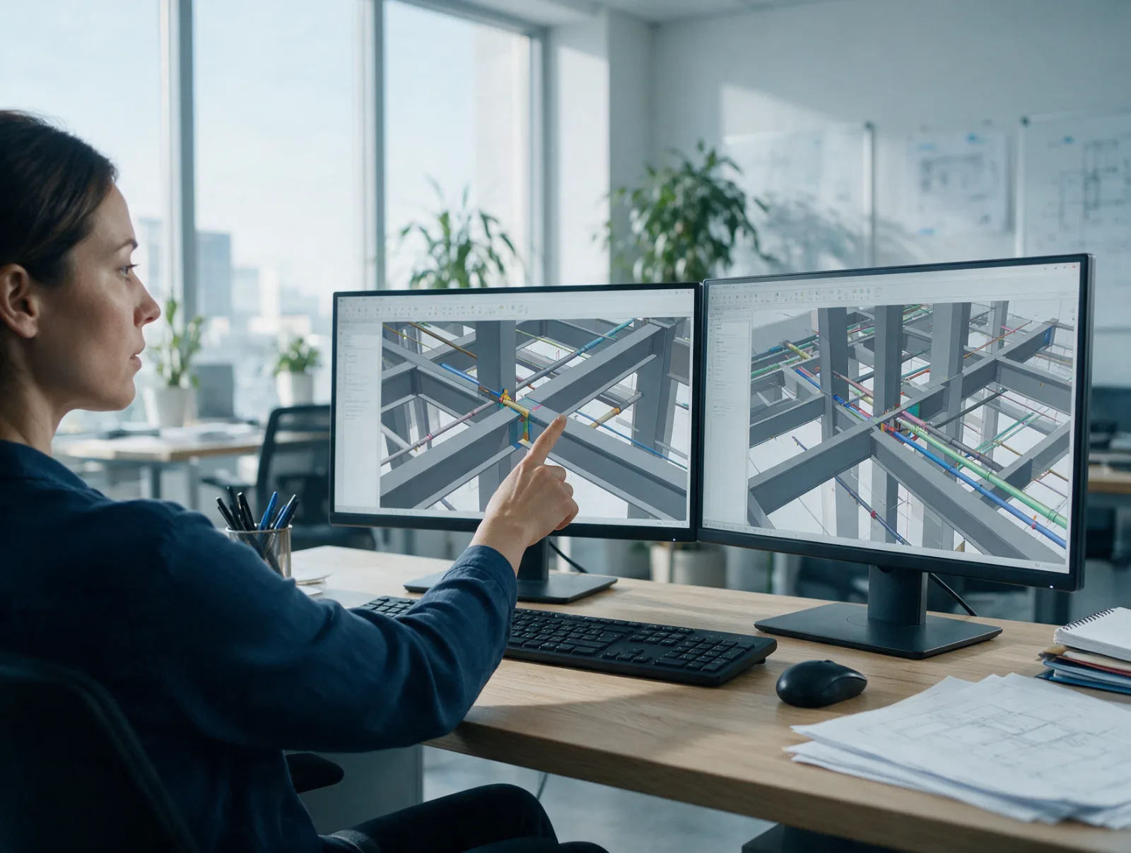 Engenheira aponta interferência entre tubulação e viga em modelo 3D de estrutura em dois monitores