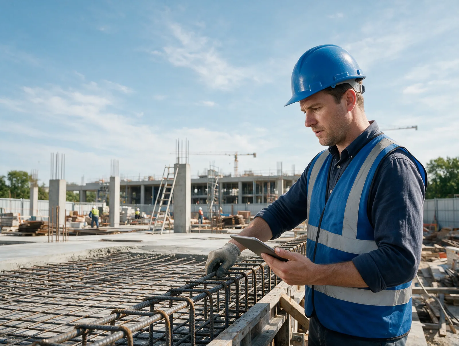 Fiscal de obra de capacete azul confere armadura de laje antes da concretagem com tablet na mão