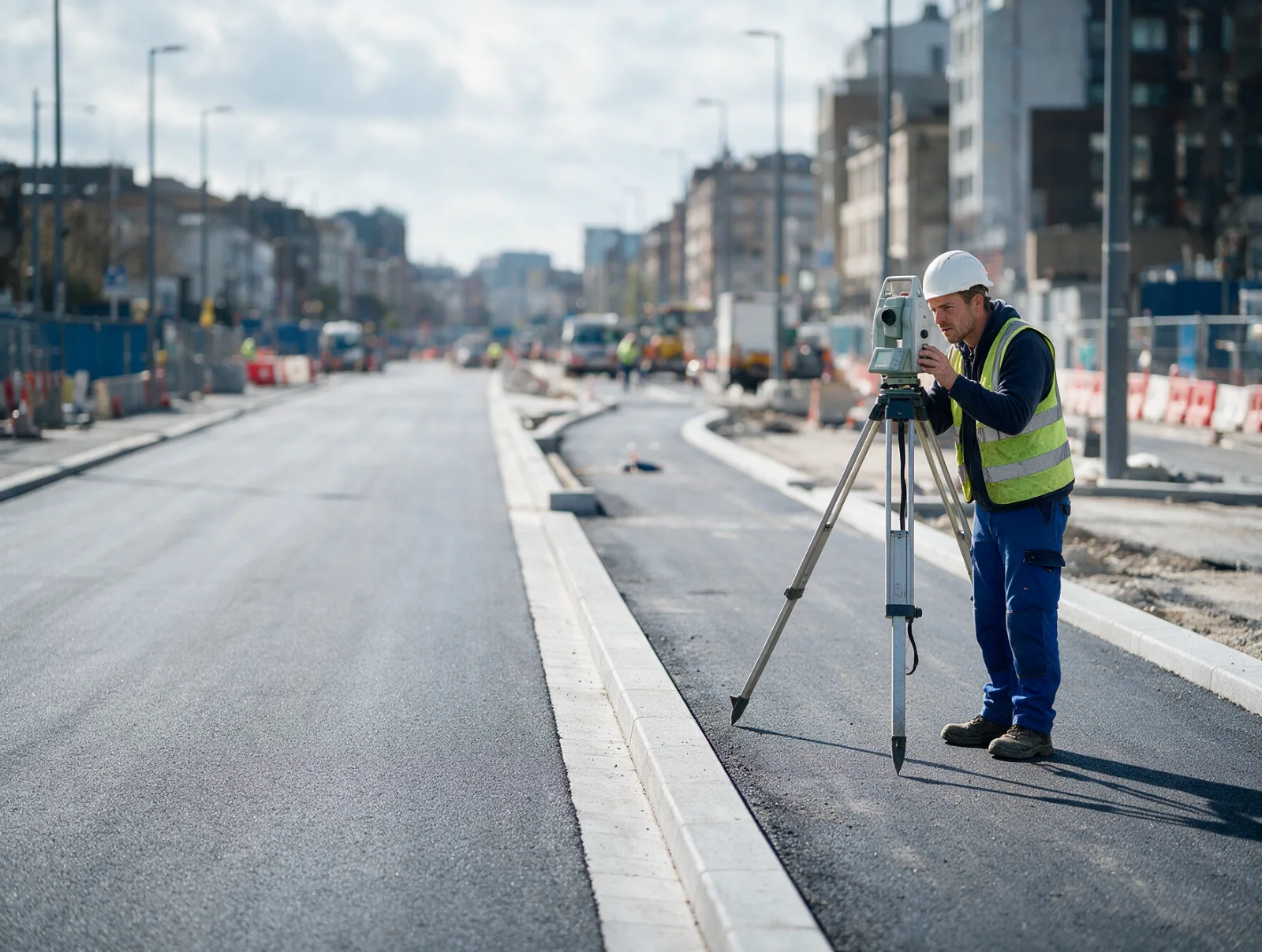 Topógrafo opera estação total em avenida em requalificação, com pavimento novo e ciclovia em obra