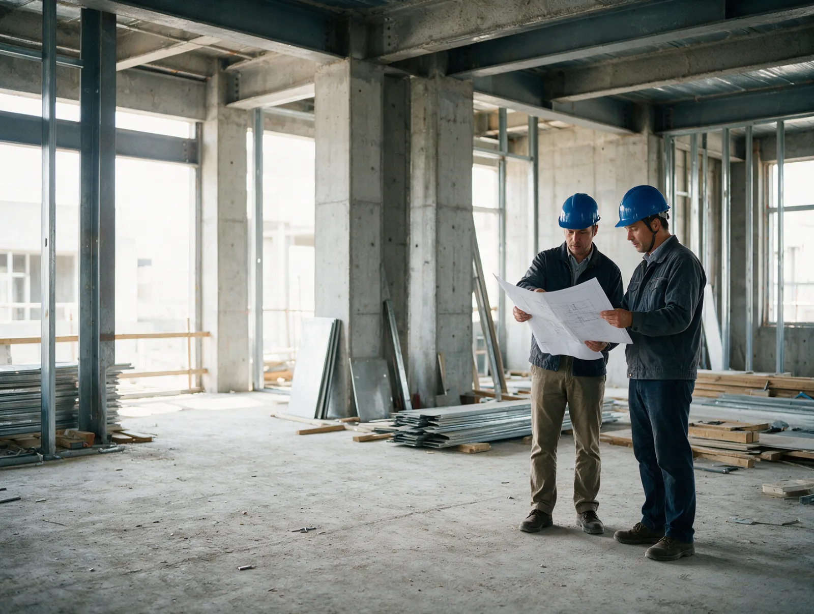 Dois engenheiros conferem pranchas dentro de edificação pública em construção, com pilares de concreto e vigas de aço